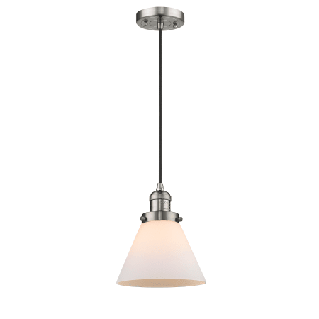 A large image of the Innovations Lighting 201C Large Cone Brushed Satin Nickel / Matte White Cased