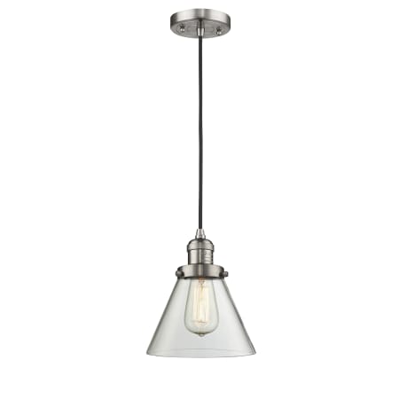 A large image of the Innovations Lighting 201C Large Cone Brushed Satin Nickel / Clear