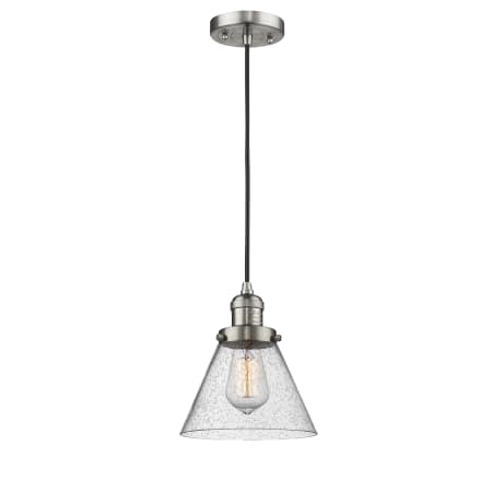 A large image of the Innovations Lighting 201C Large Cone Brushed Satin Nickel / Seedy