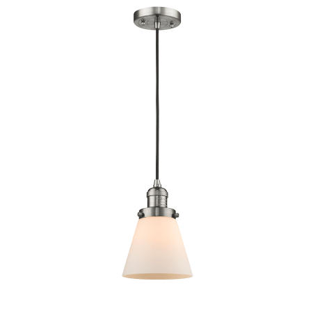 A large image of the Innovations Lighting 201C Small Cone Brushed Satin Nickel / Matte White Cased