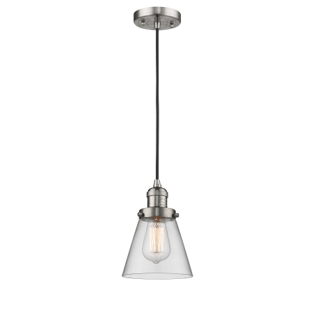 A large image of the Innovations Lighting 201C Small Cone Brushed Satin Nickel / Clear