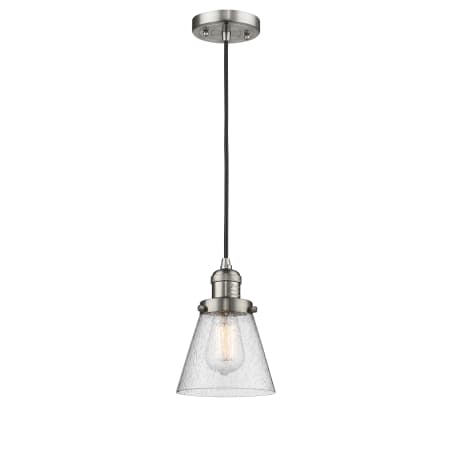 A large image of the Innovations Lighting 201C Small Cone Brushed Satin Nickel / Seedy