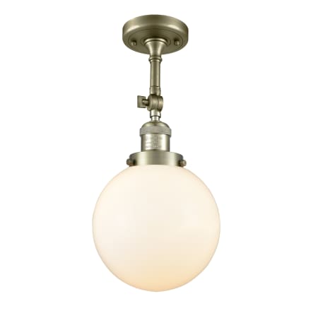 A large image of the Innovations Lighting 201F-8 Beacon Antique Brass / Matte White Cased