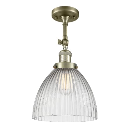 A large image of the Innovations Lighting 201F Seneca Falls Antique Brass / Clear Halophane