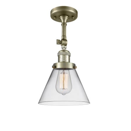 A large image of the Innovations Lighting 201F Large Cone Antique Brass / Clear