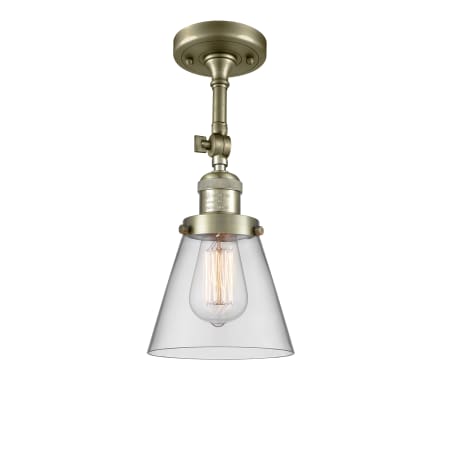 A large image of the Innovations Lighting 201F Small Cone Antique Brass / Clear
