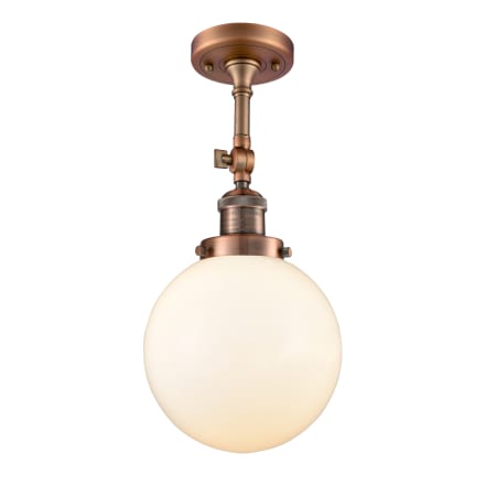 A large image of the Innovations Lighting 201F-8 Beacon Antique Copper / Matte White Cased