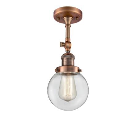 A large image of the Innovations Lighting 201F-6 Beacon Antique Copper / Clear