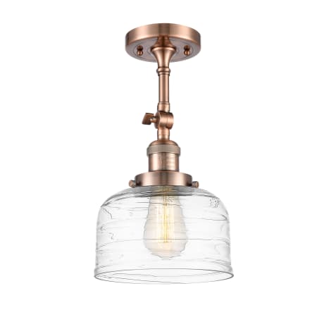 A large image of the Innovations Lighting 201F-14-8 Bell Semi-Flush Antique Copper / Clear Deco Swirl