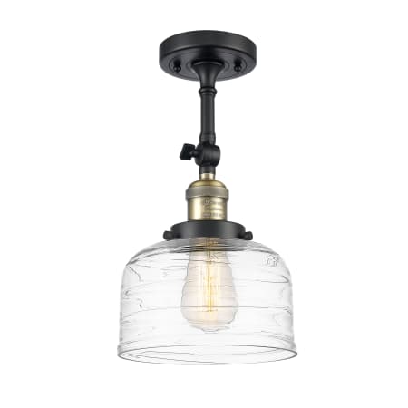 A large image of the Innovations Lighting 201F-14-8 Bell Semi-Flush Black Antique Brass / Clear Deco Swirl