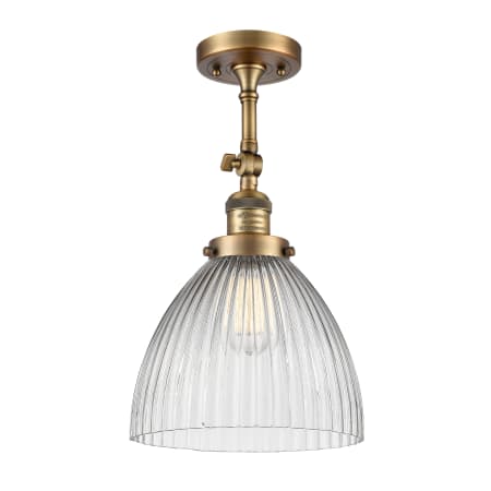 A large image of the Innovations Lighting 201F Seneca Falls Brushed Brass / Clear Halophane