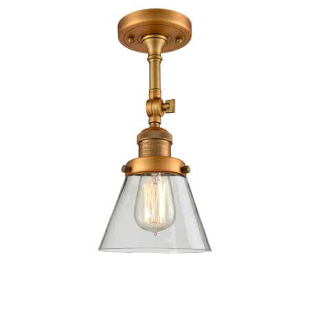 A large image of the Innovations Lighting 201F Small Cone Brushed Brass / Clear