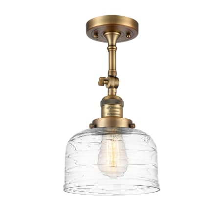 A large image of the Innovations Lighting 201F-14-8 Bell Semi-Flush Brushed Brass / Clear Deco Swirl