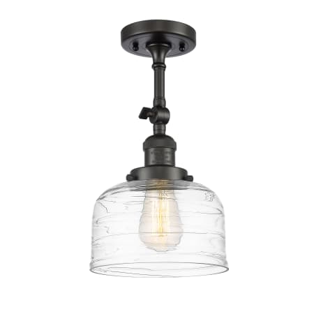 A large image of the Innovations Lighting 201F-14-8 Bell Semi-Flush Oil Rubbed Bronze / Clear Deco Swirl