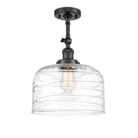 A large image of the Innovations Lighting 201F-16-12-L Bell Semi-Flush Oil Rubbed Bronze / Clear Deco Swirl