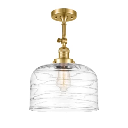 A large image of the Innovations Lighting 201F-16-12-L Bell Semi-Flush Satin Gold / Clear Deco Swirl