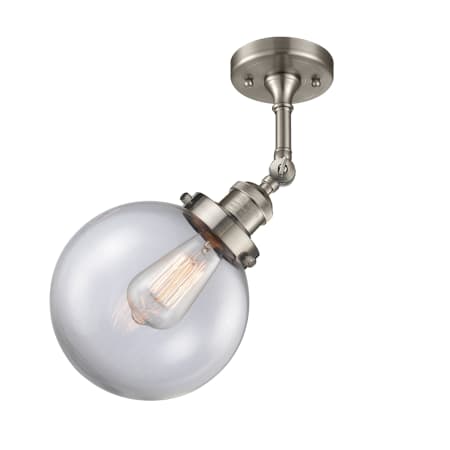A large image of the Innovations Lighting 201F-8 Beacon Brushed Satin Nickel / Clear