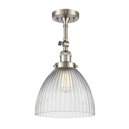 A large image of the Innovations Lighting 201F Seneca Falls Brushed Satin Nickel / Clear Halophane