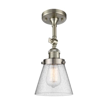 A large image of the Innovations Lighting 201F Small Cone Brushed Satin Nickel / Seedy
