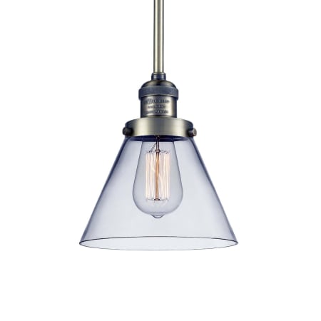 A large image of the Innovations Lighting 201S Large Cone Antique Brass / Clear