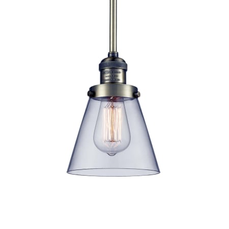 A large image of the Innovations Lighting 201S Small Cone Antique Brass / Clear