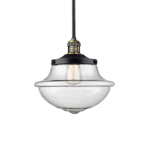 A large image of the Innovations Lighting 201S Oxford Schoolhouse Black / Antique Brass / Seedy