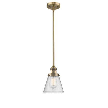 A large image of the Innovations Lighting 201S Small Cone Brushed Brass / Seedy