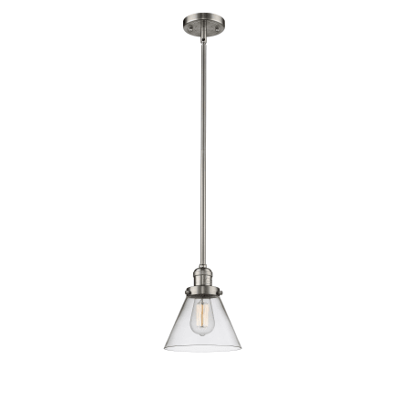 A large image of the Innovations Lighting 201S Large Cone Brushed Satin Nickel / Clear