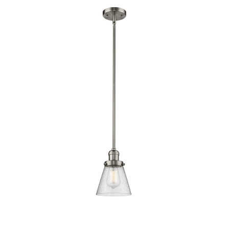 A large image of the Innovations Lighting 201S Small Cone Brushed Satin Nickel / Seedy