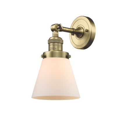 A large image of the Innovations Lighting 203 Small Cone Antique Brass / Matte White