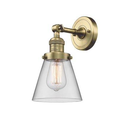 A large image of the Innovations Lighting 203 Small Cone Antique Brass / Clear