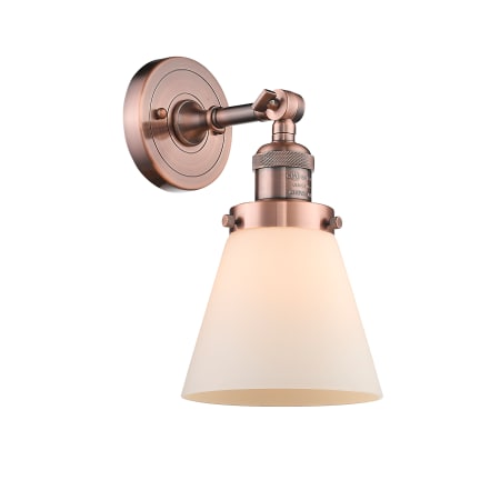 A large image of the Innovations Lighting 203 Small Cone Antique Copper / Matte White Cased