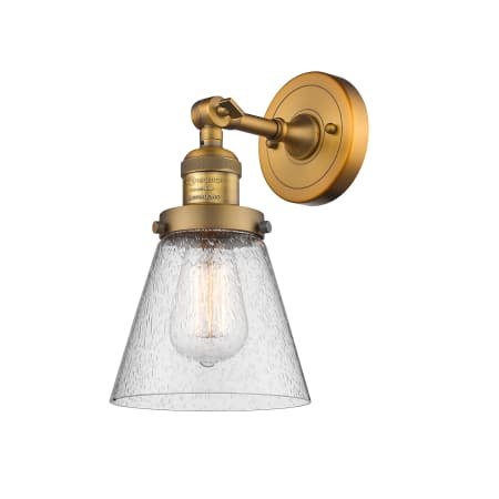 A large image of the Innovations Lighting 203 Small Cone Brushed Brass / Seedy