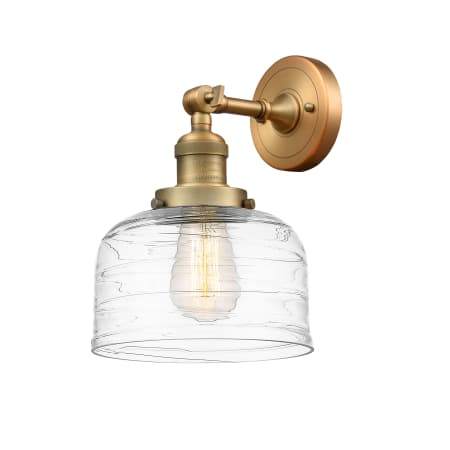 A large image of the Innovations Lighting 203-12-8 Bell Sconce Brushed Brass / Clear Deco Swirl