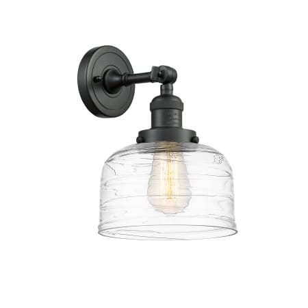 A large image of the Innovations Lighting 203-12-8 Bell Sconce Matte Black / Clear Deco Swirl