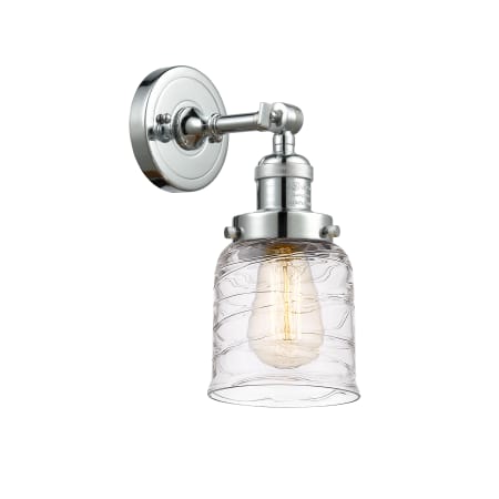 A large image of the Innovations Lighting 203-10-5 Bell Sconce Polished Chrome / Deco Swirl
