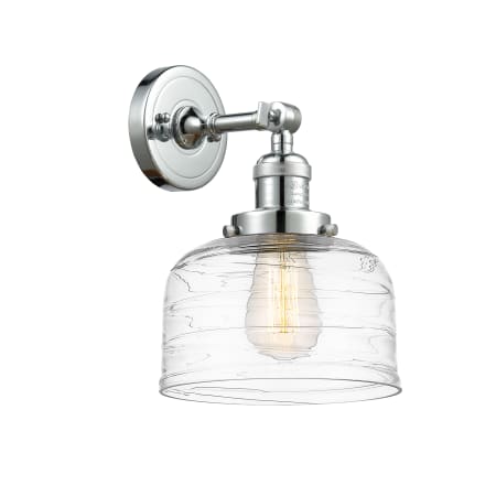 A large image of the Innovations Lighting 203-12-8 Bell Sconce Polished Chrome / Clear Deco Swirl