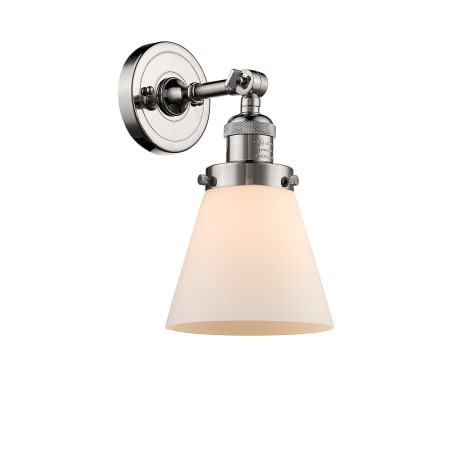 A large image of the Innovations Lighting 203 Small Cone Polished Nickel / Matte White Cased