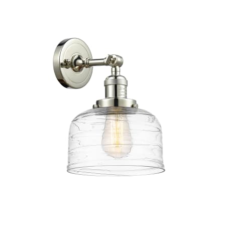 A large image of the Innovations Lighting 203-12-8 Bell Sconce Polished Nickel / Clear Deco Swirl