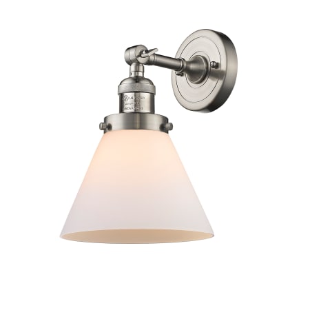 A large image of the Innovations Lighting 203 Large Cone Satin Brushed Nickel / Matte White Cased