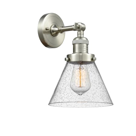 A large image of the Innovations Lighting 203 Large Cone Satin Brushed Nickel / Seedy