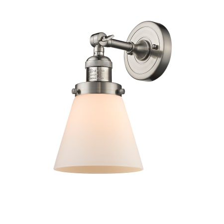 A large image of the Innovations Lighting 203 Small Cone Satin Brushed Nickel / Matte White Cased