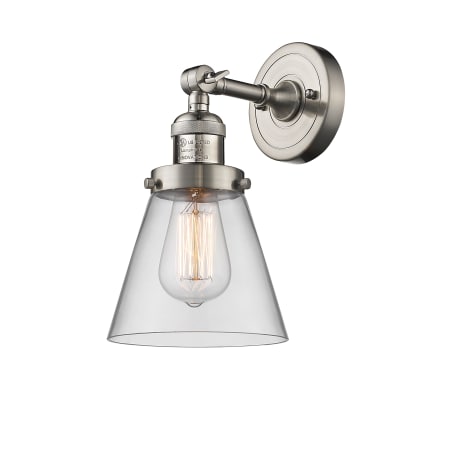 A large image of the Innovations Lighting 203 Small Cone Satin Brushed Nickel / Clear
