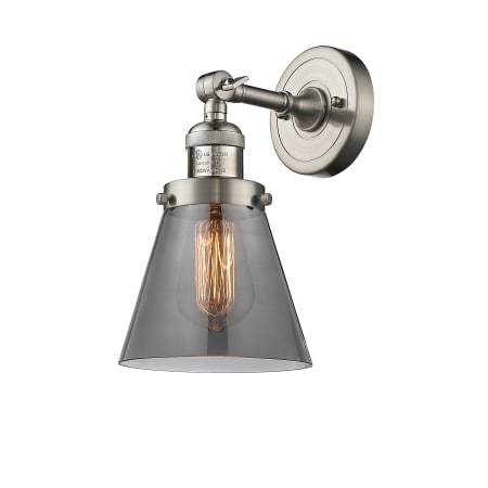 A large image of the Innovations Lighting 203 Small Cone Satin Brushed Nickel / Smoked