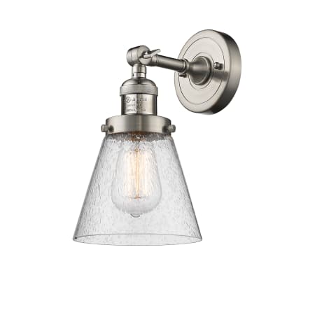 A large image of the Innovations Lighting 203 Small Cone Satin Brushed Nickel / Seedy