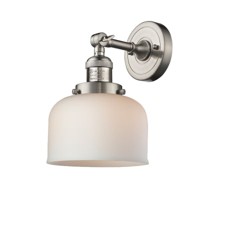 A large image of the Innovations Lighting 203 Large Bell Satin Brushed Nickel / Matte White Cased