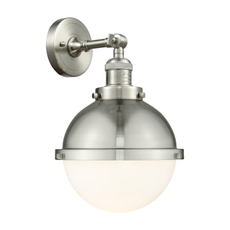 A large image of the Innovations Lighting 203-12-9 Hampden Sconce Brushed Satin Nickel / Matte White