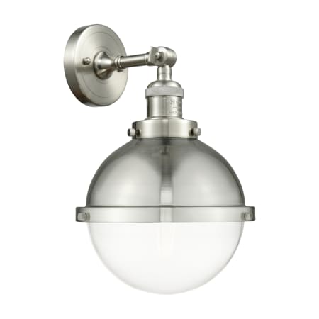 A large image of the Innovations Lighting 203-12-9 Hampden Sconce Brushed Satin Nickel / Clear