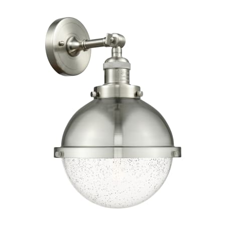 A large image of the Innovations Lighting 203-12-9 Hampden Sconce Brushed Satin Nickel / Seedy