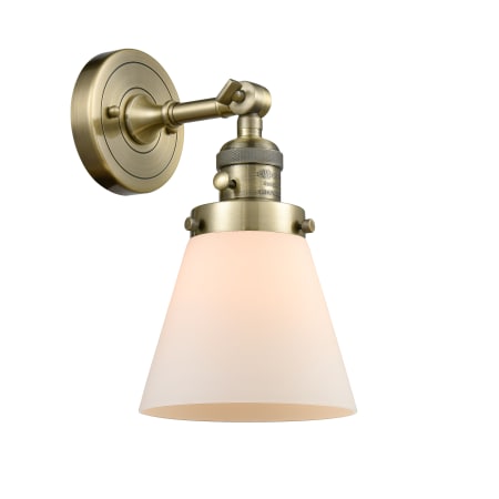 A large image of the Innovations Lighting 203SW Small Cone Antique Brass / Matte White